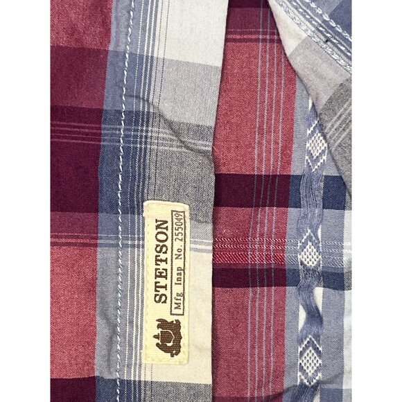 Stetson Mens 3XL Plaid Button-Up Shirt Red/Blue Cotton Casual Western Style - Picture 3 of 8